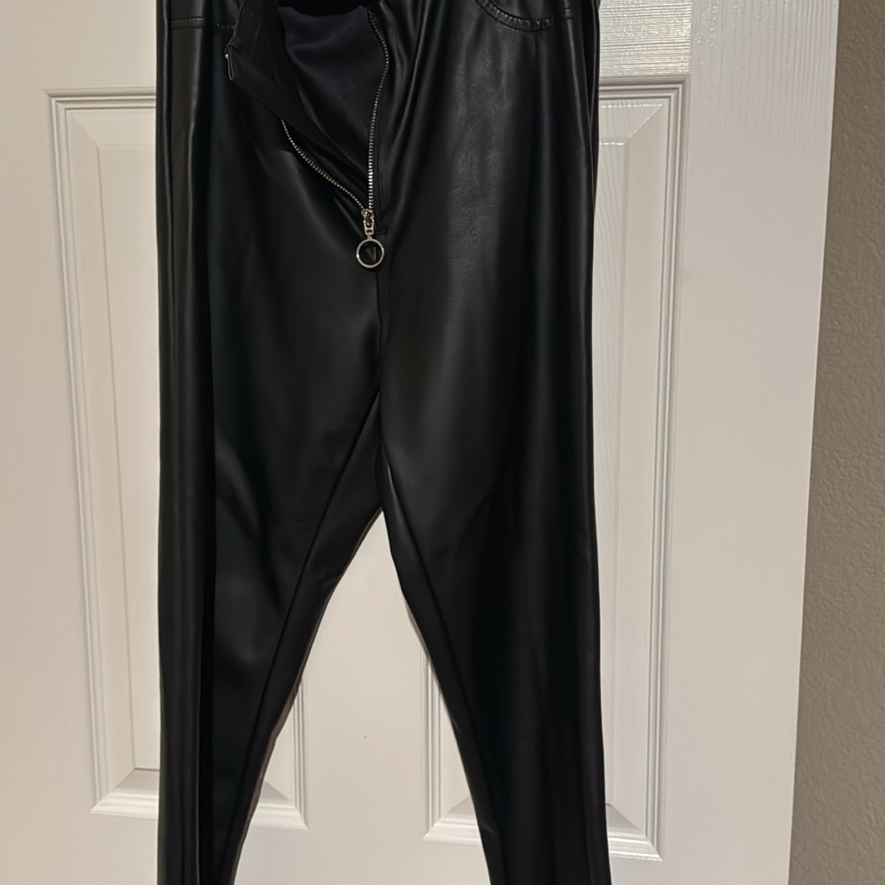 Black Faux Leather High-Waist Zipper Front Pants